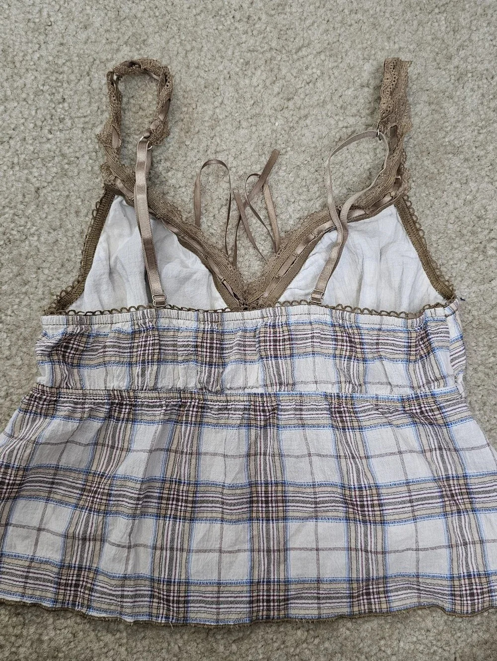 Edikted Plaid Lace Trim Coquette Cami Top Fairycore Ribbon Tie Size S
